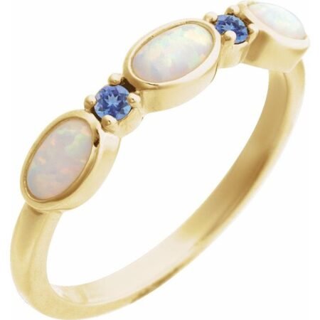 14k Yellow Lab-grown White Opal & Natural Tanzanite Stackable Ring