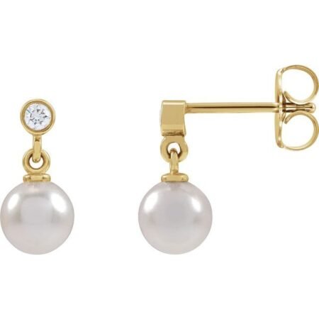 14k Yellow Cultured White Akoya Pearl & .06 Ctw Natural Diamond Earrings