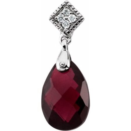 14k White Natural Brazilian Garnet & .04 Ctw Natural Diamond Pendant