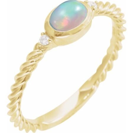 14k Yellow Natural Ethiopian Opal & .03 Ctw Natural Diamond Rope Ring