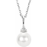 14k White Cultured White Freshwater Pearl & .05 Ctw Natural Diamond 18' Necklace