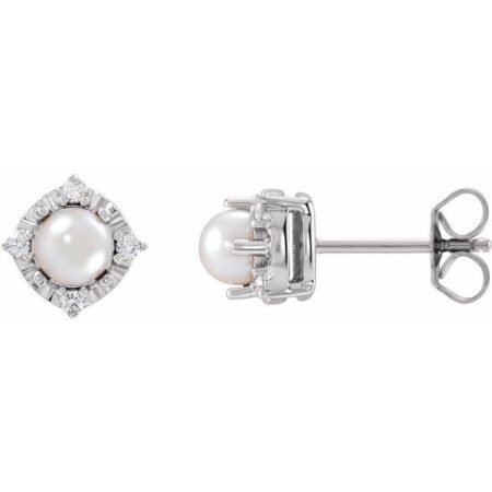 14k White Cultured White Freshwater Pearl & .08 Ctw Natural Diamond Halo-style Earrings