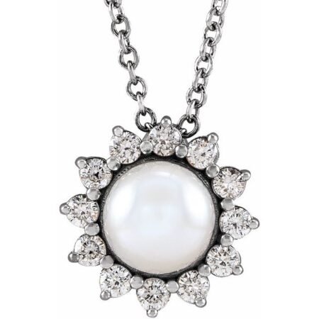14k White  Cultured White Akoya Pearl & 1/6 Ctw Natural Diamond Halo-style 16-18' Necklace