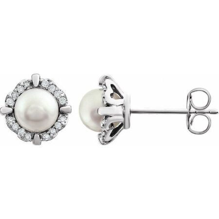 14k White Cultured White Freshwater Pearl & 1/10 Ctw Natural Diamond Earrings