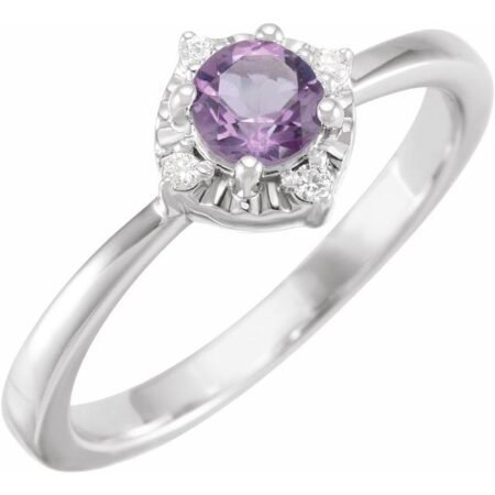 Sterling Silver Natural Amethyst & .04 Ctw Natural Diamond Halo-style Ring