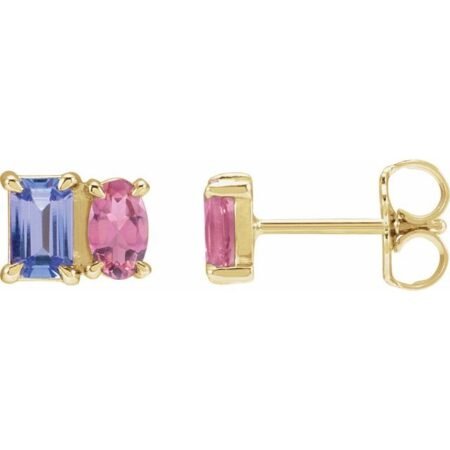 14k Yellow Natural Tanzanite & Natural Pink Tourmaline Two-stone Stud Earrings