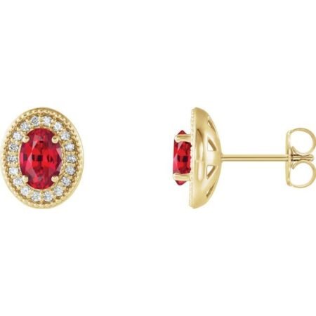 14k Yellow 7x5 Mm Natural Ruby 1/6 Ctw Natural Diamond Halo-style Earrings