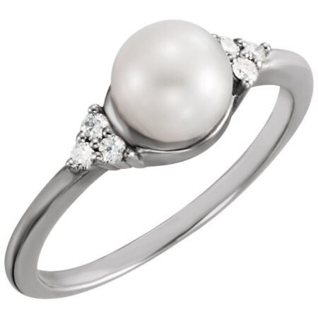 14k White 6.5-7 Mm Cultured Freshwater White Pearl & .09 Ctw Natural Diamond Ring