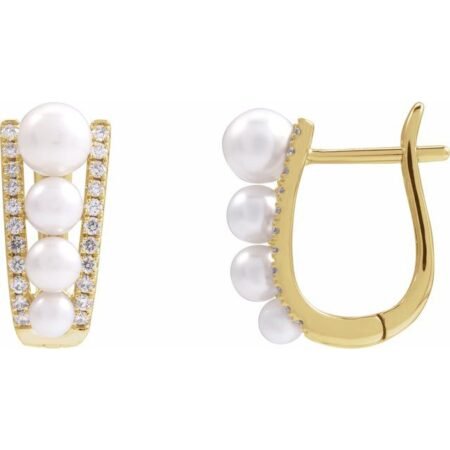 14k Yellow Cultured White Freshwater Pearl & 1/4 Ctw Natural Diamond Hoop Earrings