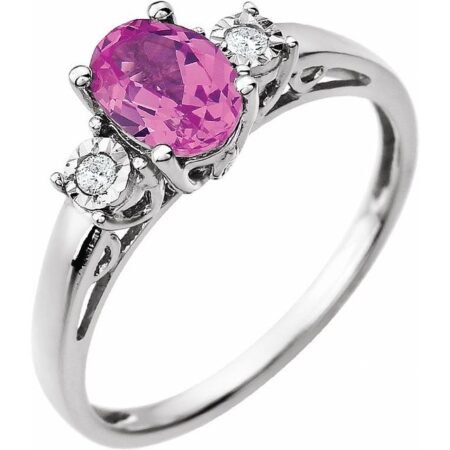 14k White Lab-grown Pink Sapphire & .04 Ctw Natural Diamond Ring