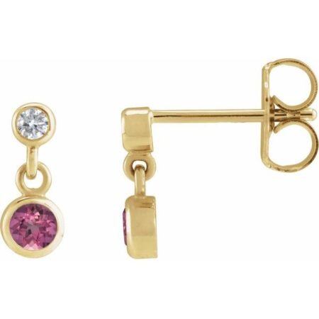 14k Yellow Natural Pink Tourmaline & .05 Ctw Natural Diamond Two-stone Earrings