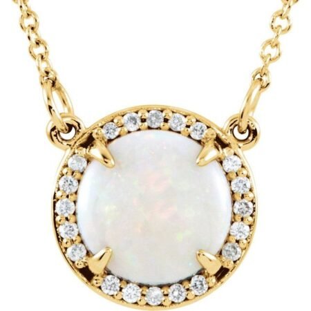 14k Yellow Natural White Opal & .05 Ctw Natural Diamond 16' Necklace