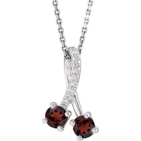 14k White Natural Mozambique Garnet & .05 Ctw Natural Diamond 16-18' Necklace