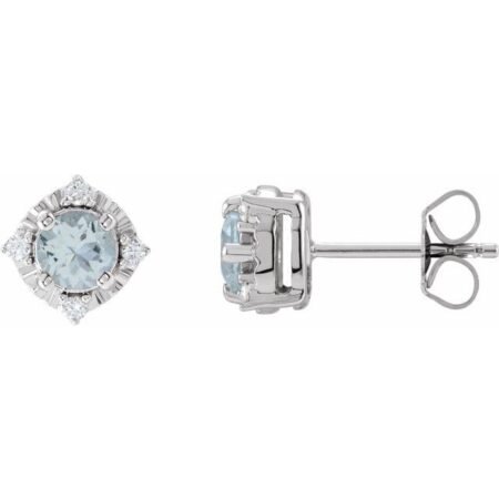 14k White Natural Aquamarine & .08 Ctw Natural Diamond Halo-style Earrings