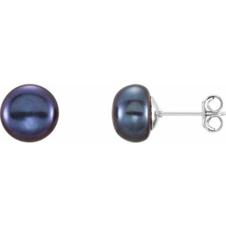 Sterling Silver 8-9 Mm Cultured Black Freshwater Button Pearl Earrings