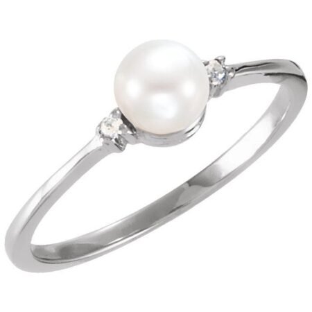 Sterling Silver Cultured White Freshwater Pearl & .025 Ctw Natural Diamond Ring