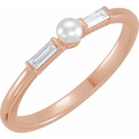 14k Rose Cultured White Seed Pearl & 1/8 Ctw Natural Diamond Ring