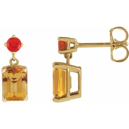 14k Yellow Natural Citrine & Natural Mexican Fire Opal Dangle Earrings