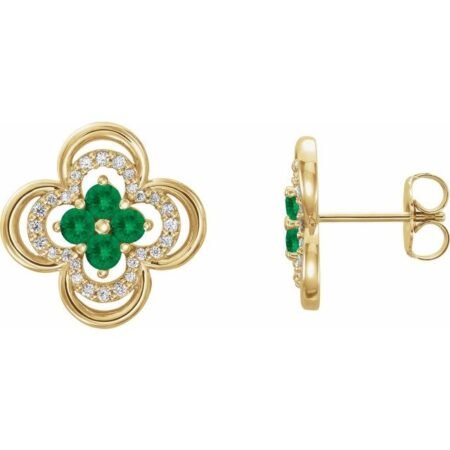 14k Yellow Natural Emerald & 1/5 Ctw Natural Diamond Clover Earrings