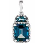 14k White Natural London Blue Topaz & .03 Ctw Natural Diamond Pendant