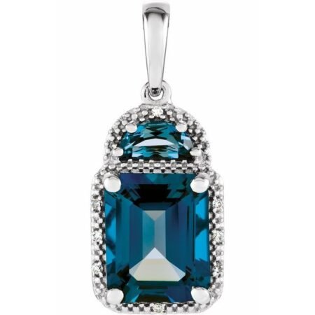 14k White Natural London Blue Topaz & .03 Ctw Natural Diamond Pendant