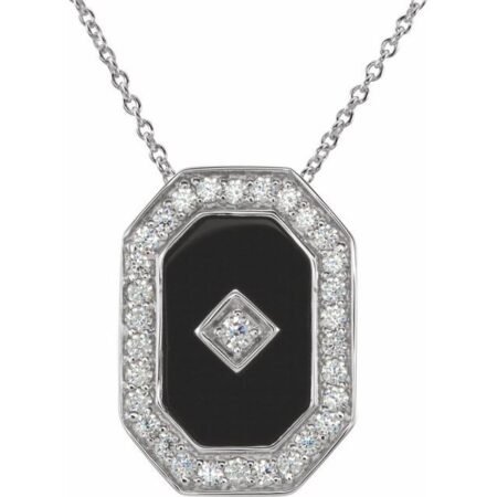 Sterling Silver Natural Black Onyx & Imitation White Cubic Zirconia Halo-style 18' Necklace
