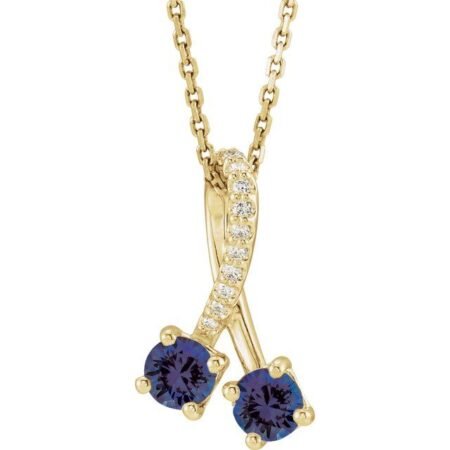 14k Yellow Lab-grown Blue Sapphire & .05 Ctw Natural Diamond 16-18' Necklace