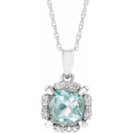 14k White Natural Aquamarine & .04 Ctw Natural Diamond 18' Necklace