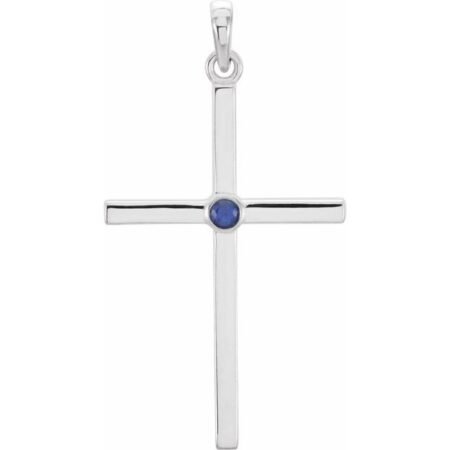 14k White Natural Blue Sapphire Cross Pendant