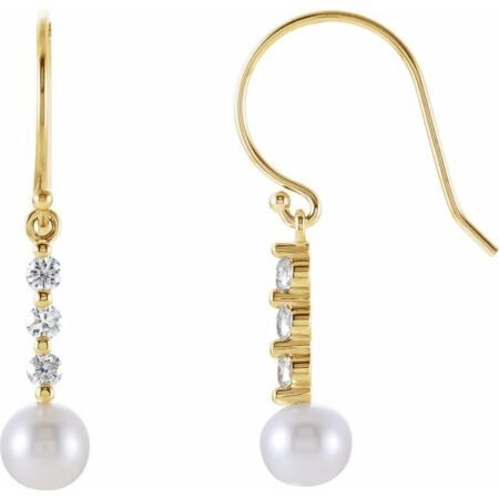 14k Yellow Cultured White Freshwater Pearl & 1/4 Ctw Natural Diamond Earrings
