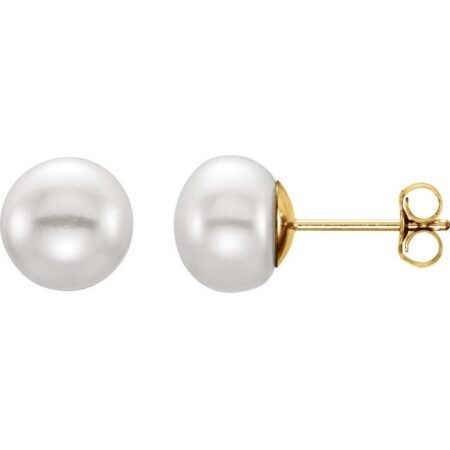 14k Yellow 7-8 Mm Cultured White Freshwater Button Pearl Earrings