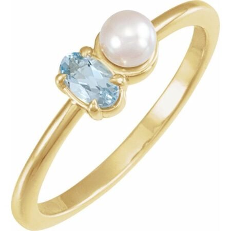 14k Yellow Natural Aquamarine & Cultured White Akoya Pearl Ring