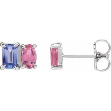 Sterling Silver Natural Tanzanite & Natural Pink Tourmaline Two-stone Stud Earrings