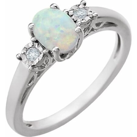 14k White Lab-grown Opal & .04 Ctw Natural Diamond Ring