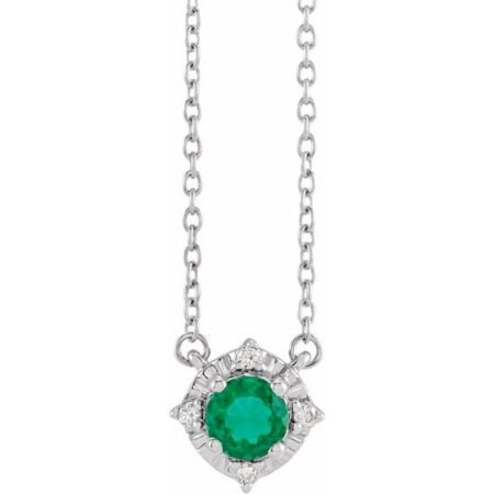 Sterling Silver Lab-grown Emerald & .04 Ctw Natural Diamond Halo-style 18' Necklace