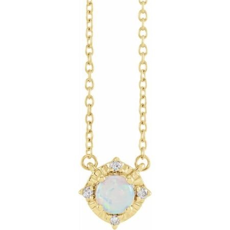14k Yellow Lab-grown White Opal & .04 Ctw Natural Diamond Halo-style 18' Necklace