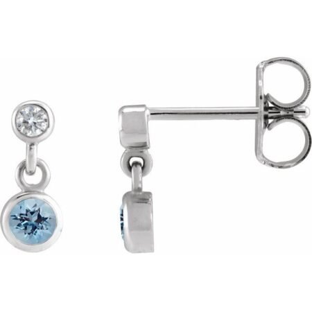 14k White Natural Aquamarine & .05 Ctw Natural Diamond Two-stone Earrings