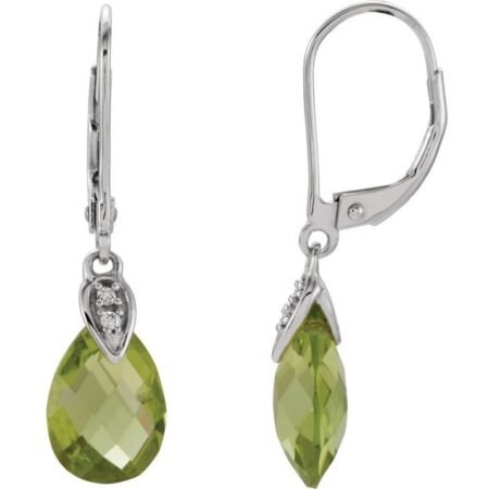 14k White Natural Peridot & .025 Ctw Natural Diamond Earrings