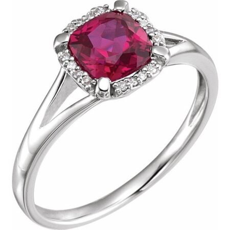 14k White Lab-grown Ruby & .05 Ctw Natural Diamond Ring