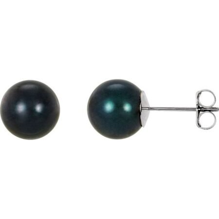 14k White  8 Mm Cultured Black Akoya Pearl Earrings
