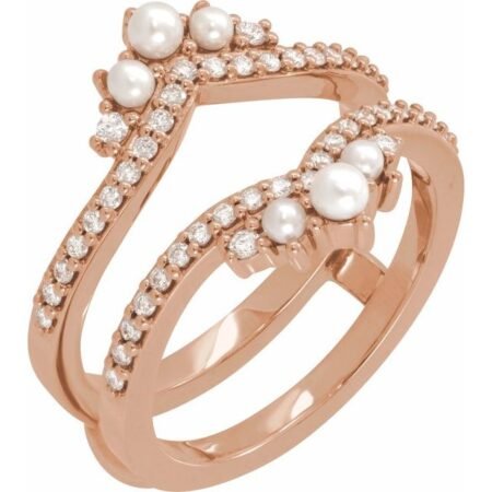 14k Rose Cultured White Seed Pearl & 1/3 Ctw Natural Diamond Ring Guard