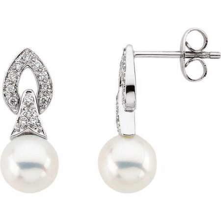 14k White Cultured White Freshwater Pearl & 1/6 Ctw Natural Diamond Earrings