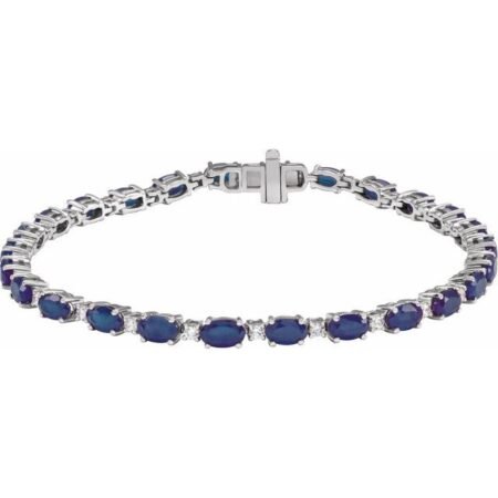 14k White Lab-grown Blue Sapphire & 5/8 Ctw Lab-grown Diamond Line 7' Bracelet
