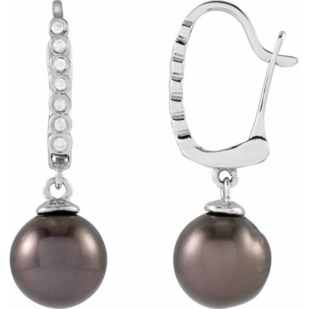 14k White Cultured Gray Tahitian Pearl & .07 Ctw Natural Diamond Earrings