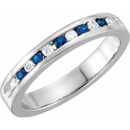 14k White Natural Blue Sapphire & 1/8 Ctw Natural Diamond Anniversary Band Size 7