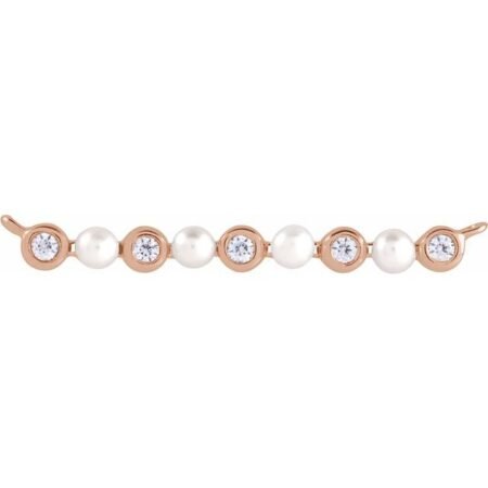 14k Rose Cultured White Freshwater Pearl & .04 Ctw Natural Diamond Bar Necklace Center