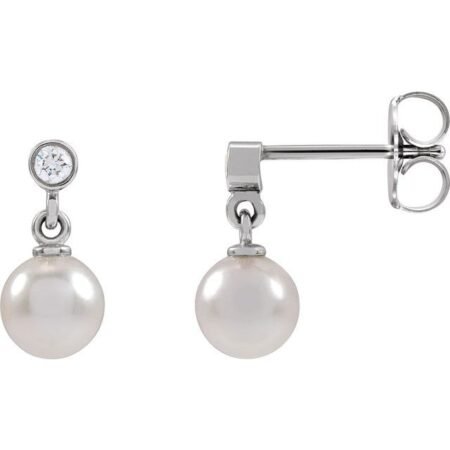 Platinum Cultured White Akoya Pearl & .06 Ctw Natural Diamond Earrings