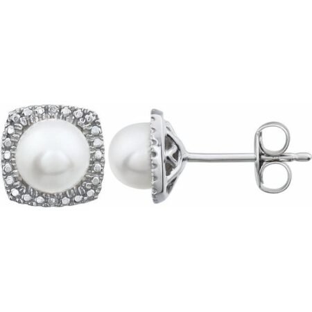 Sterling Silver Cultured White Freshwater Pearl & .015 Ctw Natural Diamond Earrings