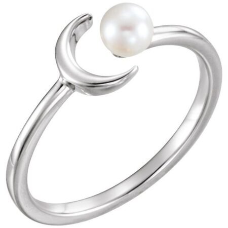 14k White Cultured White Freshwater Pearl Crescent Moon Ring