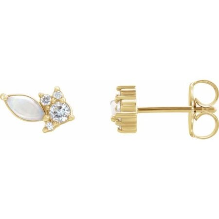 14k Yellow Australian Natural White Opal & 1/6 Ctw Natural Diamond Cluster Earrings